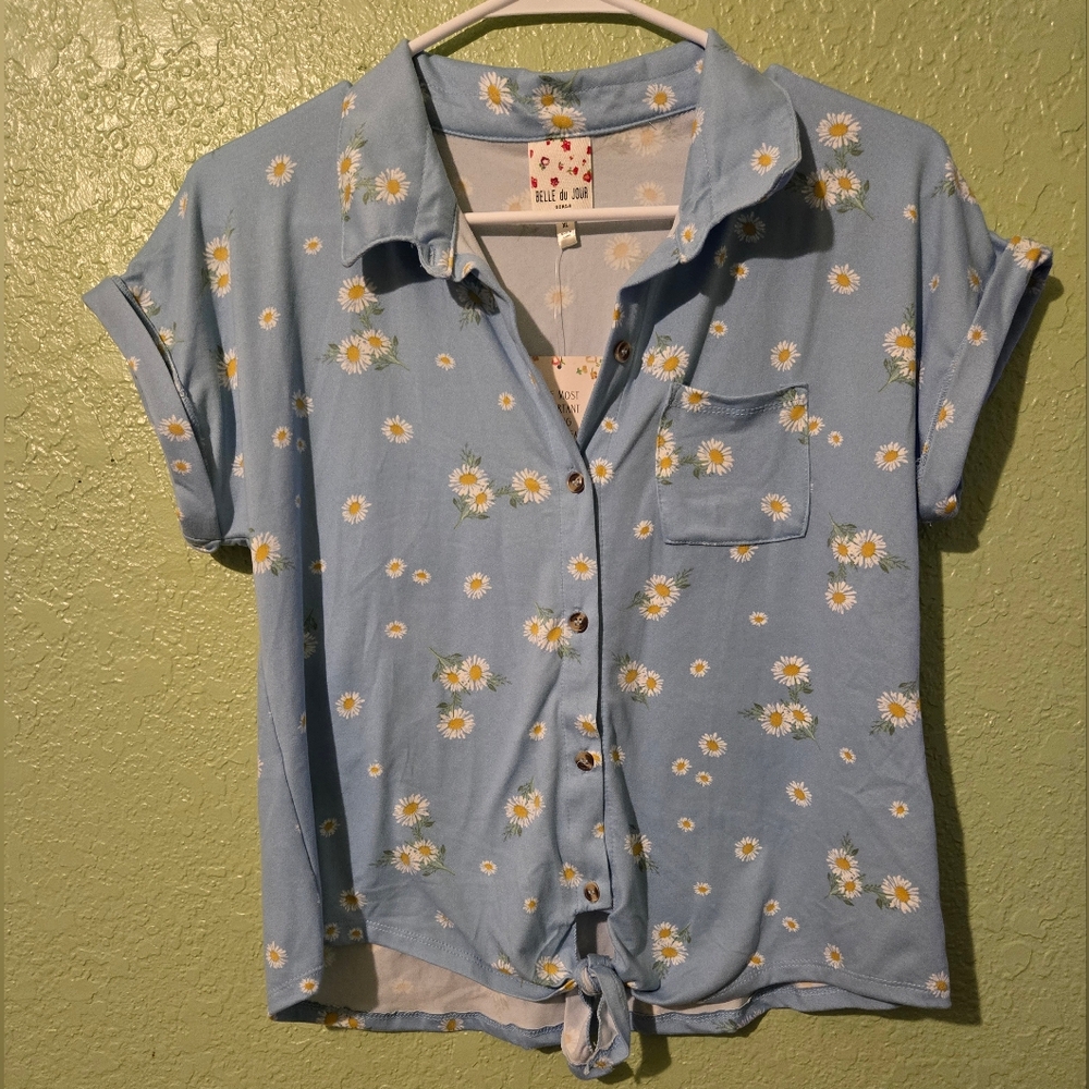 Belle Du Jour Girls' Blue Daisy Print Tie-Front Shirt